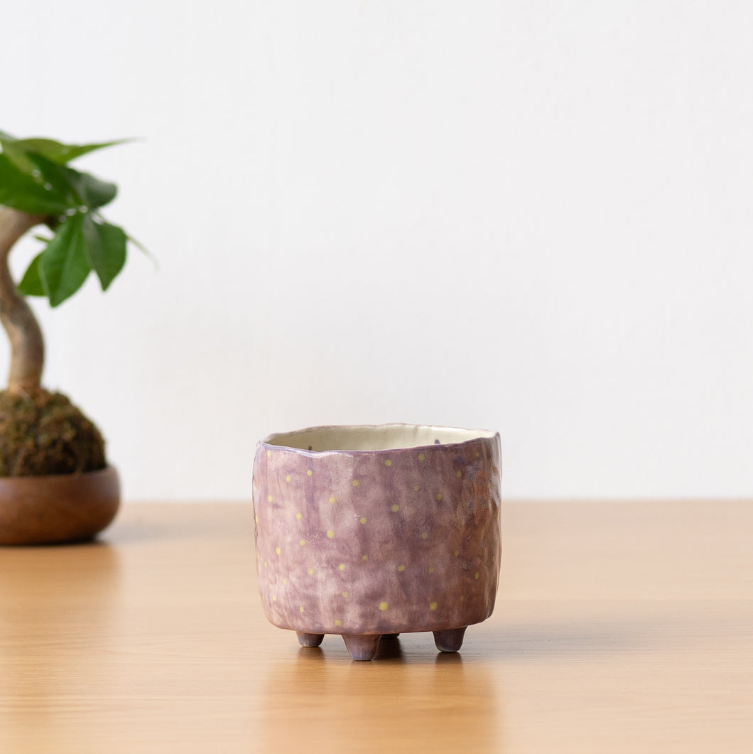 Handmade Footed Pot: Purple Polka