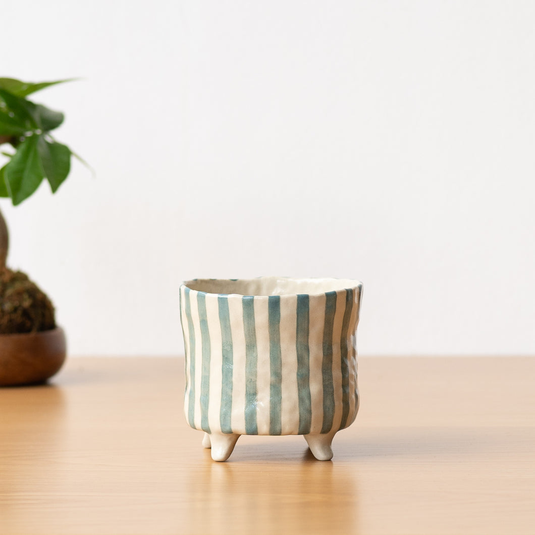 Handmade Footed Pot: Blue Stripes