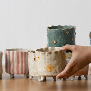 Handmade Footed Pot: Wavy Stripes